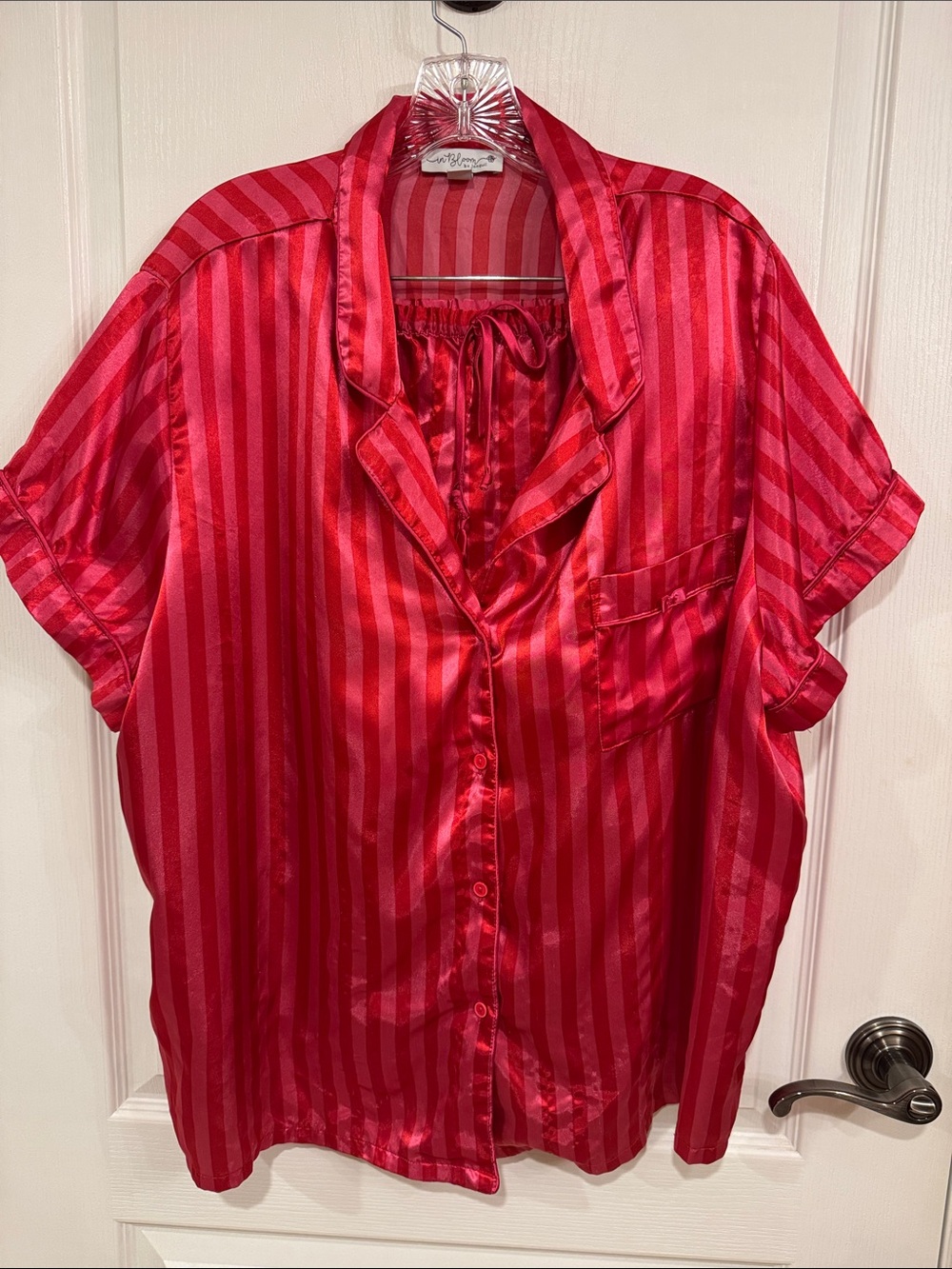 Silky RedPink Striped Women's Pajama Top